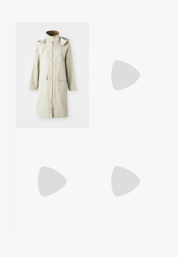 Light beige waterproof coat with a high collar, front zipper, two large front pockets, adjustable hood, and smooth texture.; Beige ribbed turtleneck sweater with long sleeves, slim fit, and a small branded tag at the lower left. Soft texture, clean design.; Beige cargo pants made of cotton. Features large side pockets, zippered openings at the cuffs, and a relaxed, wide-leg design.; Light beige leather loafers with a stitched front and a textured black platform heel. Features a curved design and a slight elevation.