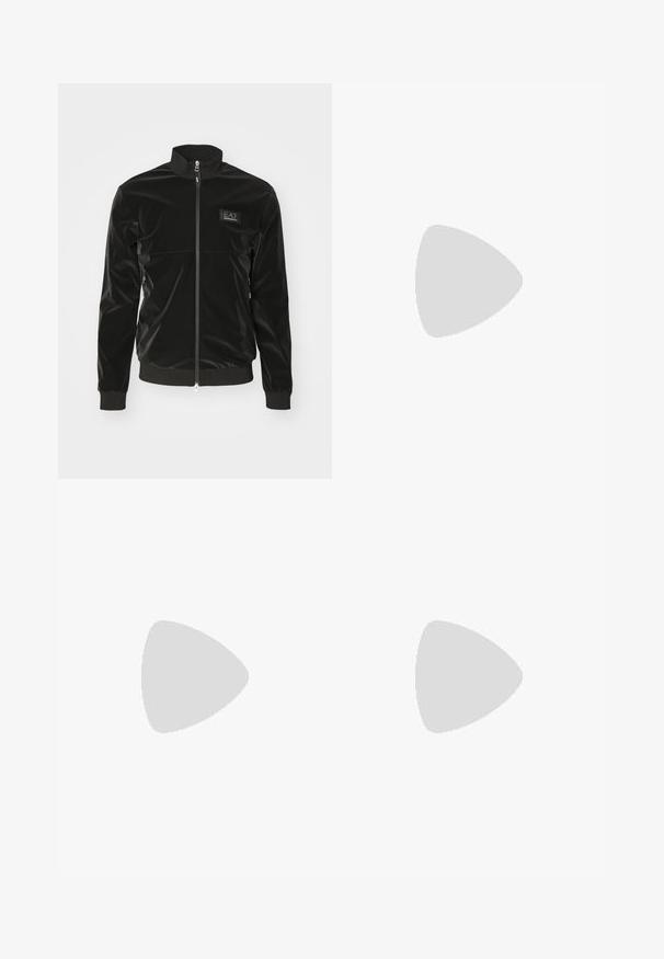 EA7 Emporio Armani JACKET - Bomberjacka - nero; Svart bomulls T-shirt med kort ärm, rund halsringning och en gul broderad EA7-logotyp på vänster bröst. Slät textur.; Svarta träningsshorts i mjukt tyg, med ett elastiskt midjeband och en liten gul EA7-logotyp på nedre vänstra benet.; Vita lädersneakers med en jämn yta, rund tå, platta snörningar och en strukturerad sula. Har en diskret logotyp på hälen.