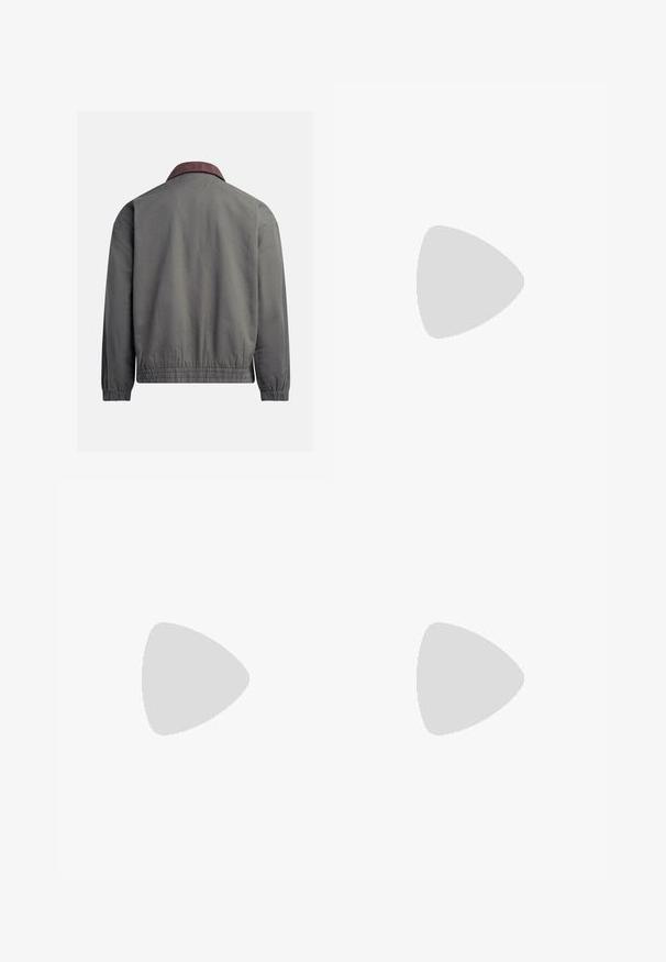 Gray bomber jacket with a ribbed maroon collar, elastic cuffs and hem, made of soft fabric with a smooth texture, featuring a plain design.; Brown, short-sleeve t-shirt made of soft fabric with a round neckline. Features a relaxed fit and simple hem detailing.; Dark blue straight-leg denim jeans with front pockets and a button closure, displayed on a plain white background.; Black and white sneakers with a suede and leather upper, featuring three white stripes, a perforated toe, and a gum rubber sole.