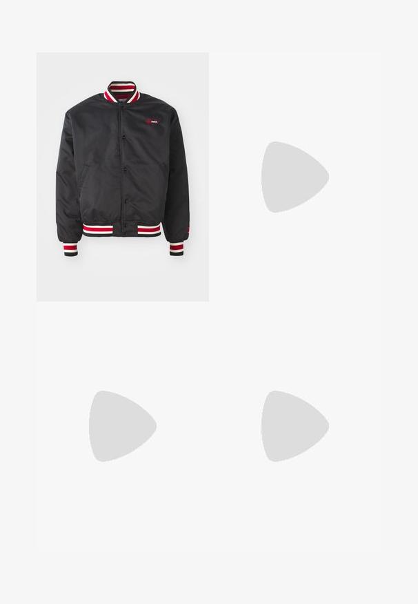 Black satin bomber jacket with striped red and white ribbed collar and cuffs. Features snap-button closure and side pockets. Logo on chest.; White cotton tank tops with rounded necklines, featuring a smooth texture. Two pieces displayed, labeled "PIER ONE."; Light blue denim jeans with straight leg design, featuring a mid-rise waist, five pockets, and a button and zipper closure.; Black leather loafer with a tasseled accent, featuring a chunky black sole and yellow stitching along the edge. Textured finish.