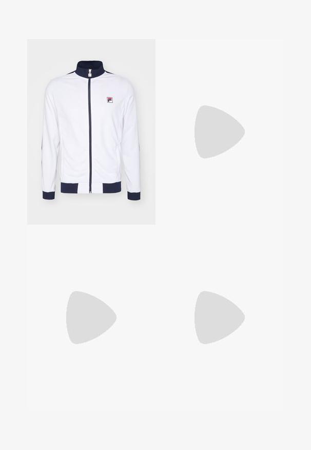 Chaqueta blanca con cremallera y cuello alto, detalles en azul marino en los puños y los hombros, con un pequeño logo rojo y azul en el pecho.; Tres camisetas sin mangas de algodón de color blanco con canalé. Cuentan con cuello redondo y pequeñas etiquetas negras cerca del dobladillo. Disponibles en múltiples tamaños.; Pantalones negros de cintura elástica con corte recto, confeccionados en tela suave, que cuentan con puños elásticos en los tobillos y sin bolsillos visibles.; Zapatillas deportivas negras con parte superior texturizada, logo de swoosh blanco, talón acolchado y suela blanca contrastante con un patrón en zigzag.
