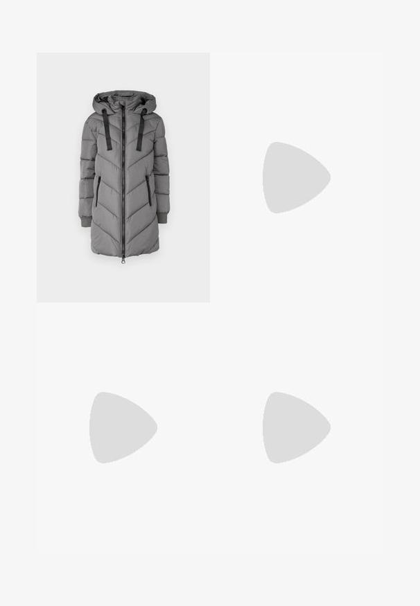 Manteau rembourré gris avec un motif en chevrons, fermeture éclair à l'avant, deux poches latérales et une capuche avec cordons noirs.; Deux hauts sans manches en maille côtelée, en noir et blanc, dotés d'un design ajusté et d'une texture lisse, avec une longueur courte.; Pantalons larges noirs en tissu léger, avec une fermeture à bouton à l'avant et un devant plat, dotés d'ourlets soigneusement cousus.; Basket en cuir suédé et mesh gris clair, avec trois bandes blanches, bout rond et semelle en caoutchouc naturel. Accent logo doré près des lacets.; Débardeur vert avec des détails en dentelle à l'épaule et au col, présentant une coupe ajustée et un tissu doux. Assorti à un pantalon de couleur claire.