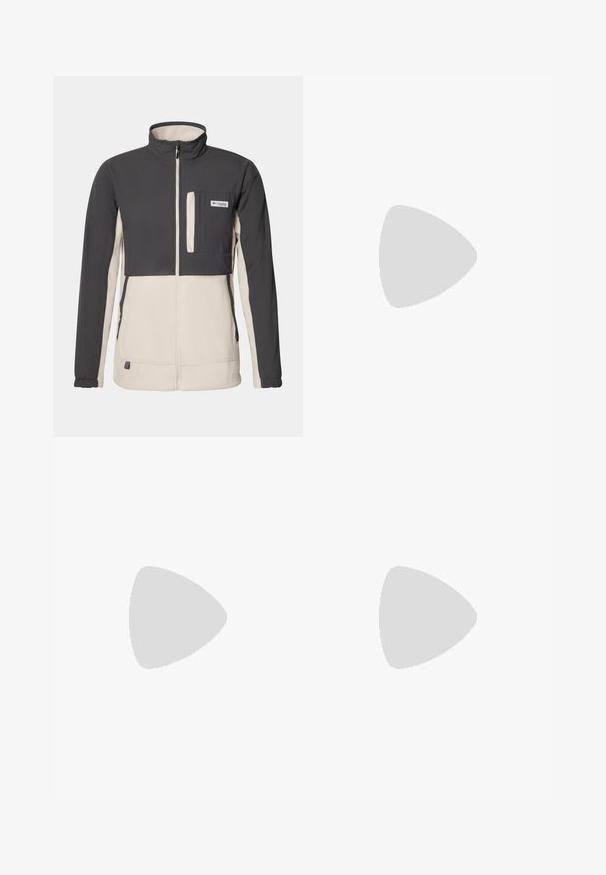 Columbia UNCHARTED™ FULL ZIP - Jakna od flisa - shark, dark stone; Crna majica kratkih rukava izrađena od lagane tkanine. Ima mali bijeli logo na lijevoj strani grudi i suptilne naglaske na ramenima.; The North Face HORIZON PANT - Hlače za otvoreno - black; Sive i crne trail trkaće tenisice s teksturiranim gornjim dijelom, vidljivim sustavom vezanja i čvrstim potplatom. Sadrže narančaste naglaske i brendiranje.