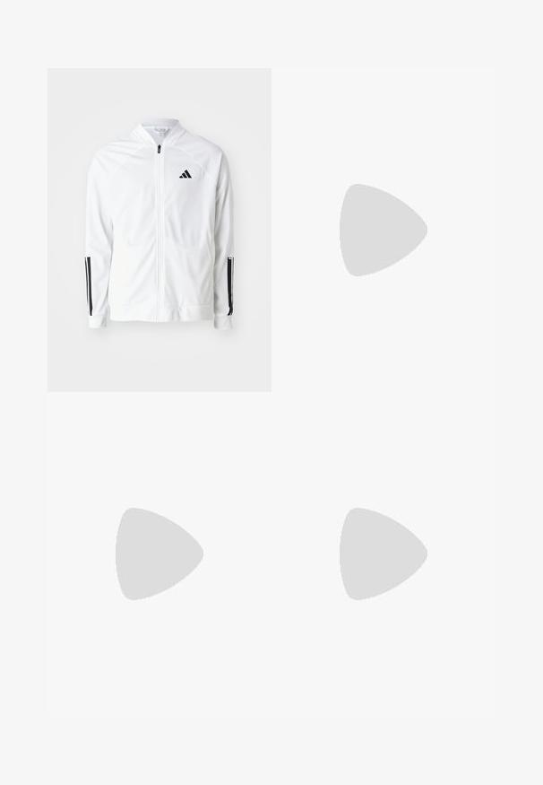 Witte zip-up jas met een hoge kraag, zwarte drie-streep accenten op de mouwen en een klein zwart logo op de borst. Soepele stoftextuur.; Lichtbeige t-shirt met een zwarte, geribbelde ronde hals en korte mouwen. Bevat drie zwarte strepen op de linkerborst en de mouwzoom.; Witte sportbroek van gladde stof, met een elastische tailleband en smalle taillebanden, voorzien van een zwart logo op de achterzak.; Witte sportschoenen met blauwe accenten, bovenwerk van mesh, drie blauwe strepen, ronde neus, lichtgewicht zool en textuur voor grip.
