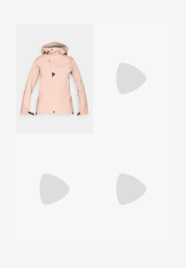 Γυναικείο αδιάβροχο μπουφάν σε ανοιχτό ροζ. Έχει ρυθμιζόμενη κουκούλα, μπροστινό φερμουάρ, μαύρες τριγωνικές λεπτομέρειες και πλαϊνές τσέπες. Λείο, ελαφρύ υλικό.; Μαύρο μακρυμάνικο μπλουζάκι από βαμβάκι με στρογγυλή λαιμόκοψη. Διαθέτει ένα μικρό λευκό λογότυπο στην αριστερή πλευρά του στήθους. Απλός σχεδιασμός και εφαρμογή.; Μαύρα νάιλον παντελόνια cargo με φερμουάρ που αφαιρούνται, ρυθμιζόμενους καρπούς, πολλαπλές τσέπες και λογότυπο στο δεξί πόδι. Απαλή, ελαφριά υφή.; Μπεζ και κρεμ αθλητικό παπούτσι με υφασμάτινη άνω επιφάνεια με υφή, υποστηρικτικά overlay και καουτσούκ σόλα με σχέδιο πέλματος για πρόσφυση.