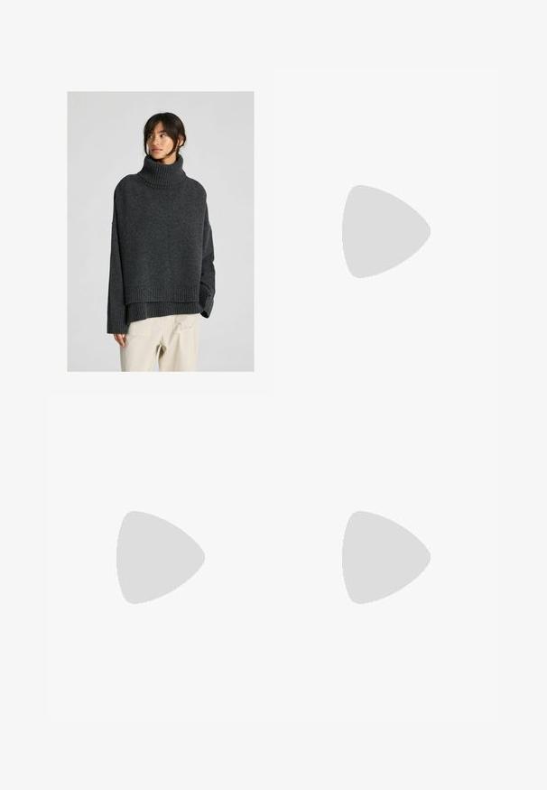 Tmavě šedý, objemný rolák se žebrovanou strukturou a lemem. Oversized střih s posunutými rameny, kombinovaný s kalhotami světlé barvy.; Massimo Dutti FLOWING DOUBLE FABRIC GARMENT - Top - white; Hnědé kalhoty širokého střihu s hladkým povrchem, vybavené černým pásem v pase a bočními kapsami. Přizpůsobený design a uvolněný střih.; Námořnické plátěné klínové sandály s espadrilkovou podešví z provazu a krémovými stužkami kolem kotníku. Uzavřená pata a kulatá špička.