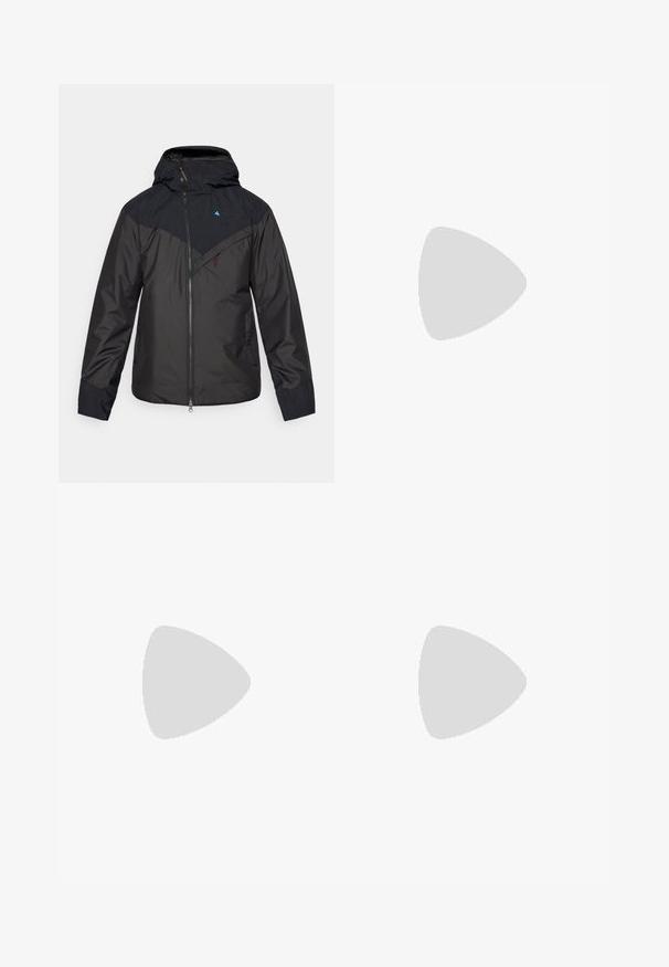 Black waterproof jacket with a hood, featuring a full front zipper, diagonal color block design, and logo on the upper left chest.; Black short-sleeve t-shirt made of cotton, featuring a round neckline and a small white logo on the upper left chest area.; Black athletic pants made from lightweight fabric, featuring a drawstring waistband, side pockets, and tapered cuffs at the ankles.; Black trail running shoe with a textured upper, rubber sole, and reinforced toe cap. Features a padded collar and pull tab for easy wear.