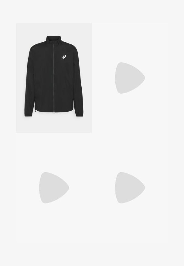 ASICS - Wiatrówka; ASICS FUJITRAIL czarny; Granatowe szorty sportowe z elastycznym pasem, bocznymi kieszeniami i jasnoszarymi akcentami. Wykonane z lekkiego, gładkiego materiału dla maksymalnego komfortu.; Lekkie buty do biegania w jasnoniebieskim kolorze z czarnymi pasami. Posiadają gładką cholewkę, okrągły nosek oraz grubą białą podeszwę środkową oznaczoną "LIGHTSTRIKE PRO."