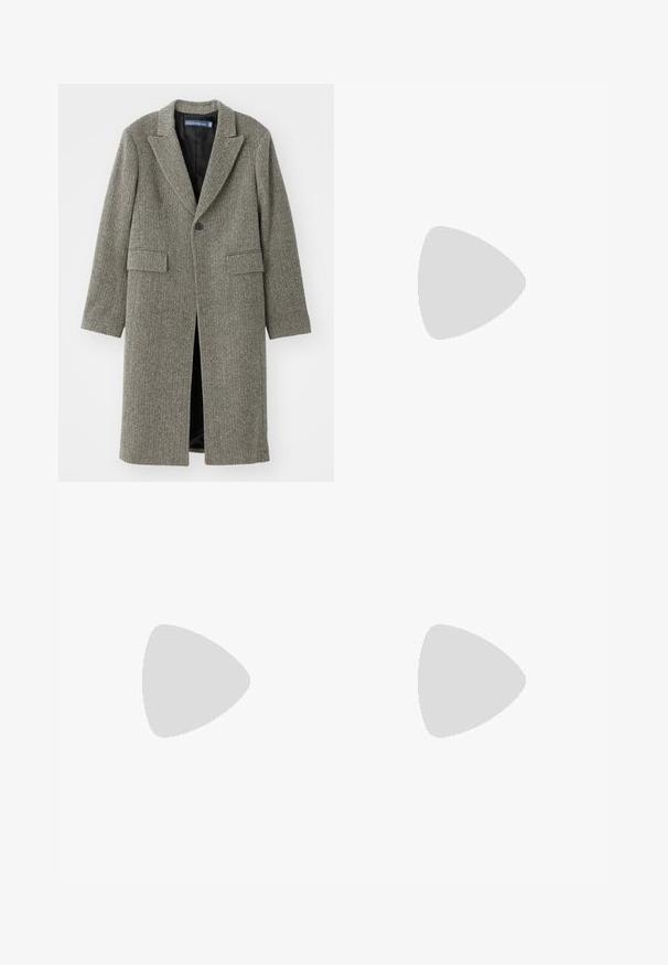 Melnas un pelēkas krāsas koši izstrādāts mētelis ar izsistu tipa apmali, vienu pogu, un divām priekšējām kabatām. Odere iekšpusē.; Gai zils pogājams krekls ar garām piedurknēm un baltu kontrastējošu apkakli. Iezīmes gluda tekstūra un piecas priekšējās pogas.; Bežīgas pielāgotas bikses ar taisnu kāju dizainu, izgatavotas no mīksta auduma, ar priekšējo krokas un sarullētām piedurknēm apmalē.; Baltas ādas sporta apavi, zema dizaina, ar gludu tekstūru, noapaļotu purngalu, ar auklēm priekšpusē un nelielu izšūtu logotipu sānos.