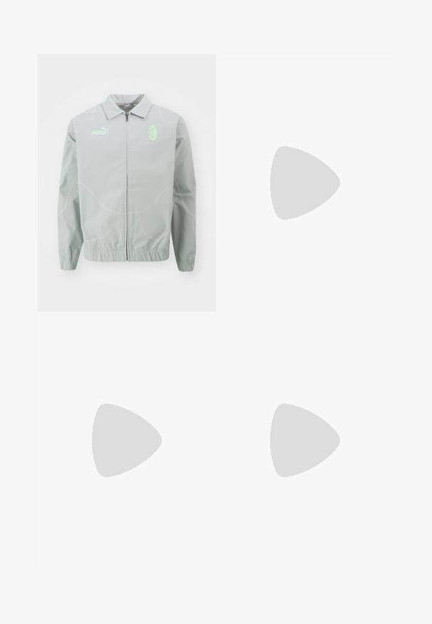 Puma AC MILAN  STATEMENT TRACK JACKET - Klub merchandise - flat light gray/grape mist; To sorte polo T-shirts, kortærmede, lavet af bomuldsstof, med en klassisk krave, to-knaps placket og hvide stribede detaljer indeni kraven.; Sorte bukser lavet af glat stof, med et lige ben-design, to frontfolder og en standard talje med bæltestropper.; Sorte læderdressko med en glat overflade, rund tå, snørebånd foran og en robust gummisål med et mønsteret slidbane.