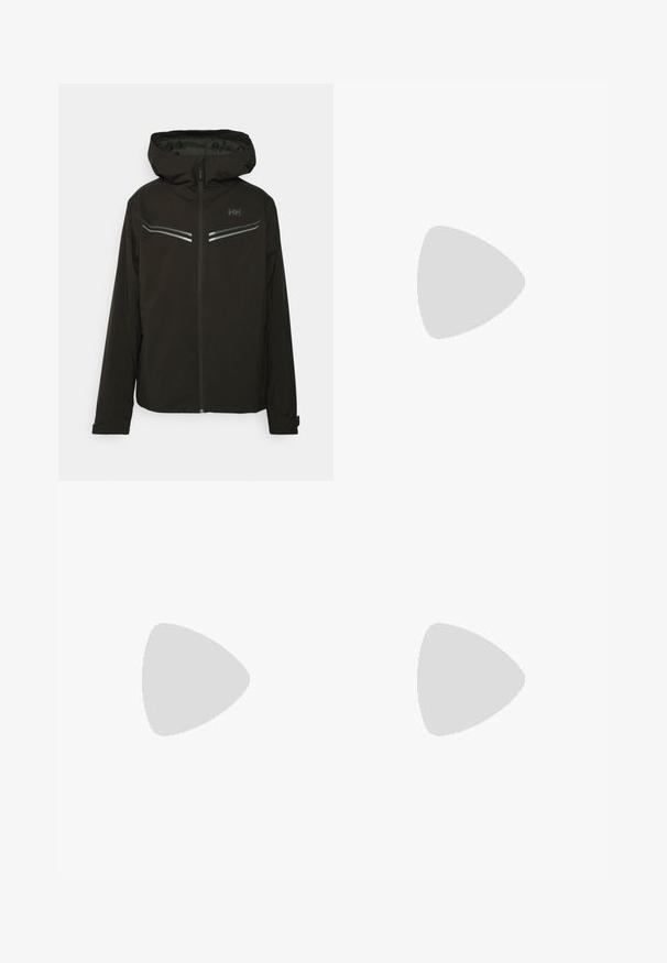 Casaco preto com capuz, frente com fecho éclair, feito de tecido leve. Apresenta detalhes em prata e um design minimalista. Ideal para uso ao ar livre.; T-shirt de algodão preto com mangas curtas, decote redondo e um pequeno logótipo branco no lado esquerdo do peito. Design simples, textura suave e corte relaxado.; Calças atléticas pretas feitas de tecido leve, com um cós ajustável por cordão, bolsos laterais e punhos afunilados nos tornozelos.; Sapatilha de exterior preta com parte superior em camurça, sola de borracha texturizada e sistema de atacadores robusto. Apresenta um calcanhar reforçado e o logótipo da marca na lateral.