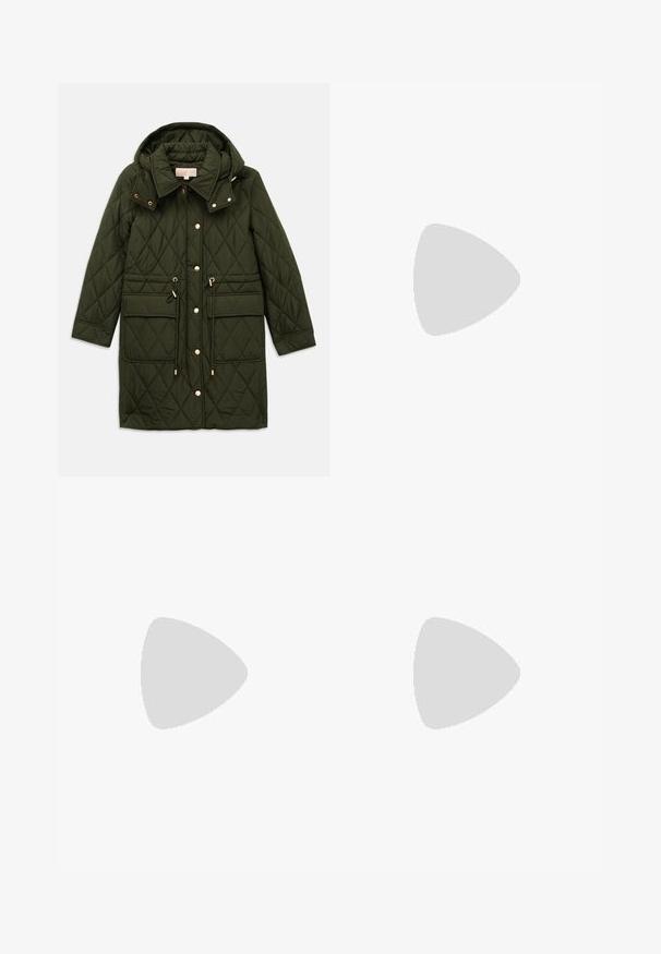 Olive green quilted long jacket with hood, front snap buttons, drawstring waist, flap pockets, and collar on plain background.; Black button-up shirt with white square pattern, long sleeves, collar, and two front pockets, made from a soft fabric.; Wide-leg jeans in off-white denim. High-waisted design with a button closure, two front pockets, and contrast stitching details.; Tan slingback heels with a pointed black toe cap, featuring cut-out sides and a mid-height block heel. Smooth leather material.