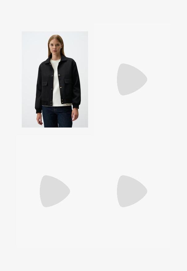 Veste bomber noire avec un col, des boutons-pression, des poches latérales, des poignets côtelés et une texture lisse. Portée par-dessus un t-shirt blanc.; Chemise blanche à manches longues en tissu doux, avec un col rond et un ourlet droit. Design minimaliste sans motifs ou accents visibles.; Jean en denim foncé à jambes larges avec des coutures orange, présentant une taille haute, deux poches avant et des ourlets retroussés mettant en valeur un tissu contrastant bleu clair.; Chaussure de course blanche avec une tige en maille respirante, des accents texturés et une semelle rembourrée. Dispose d'un système de laçage rapide pour un ajustement facile.; Lunettes de soleil en plastique noir avec verres verts, monture carrée, accent argenté sur le sourcil et branches texturées. Marque indiquée sur l'intérieur de la branche.