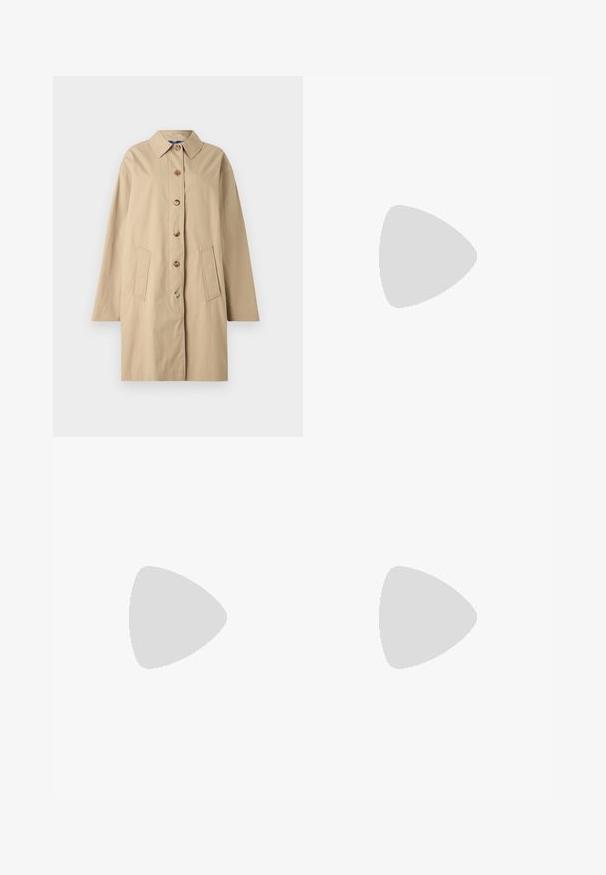 Beige Baumwollmantel mit kragenförmigem Ausschnitt, sechs Knöpfen zum Schließen, zwei vorderen Taschen und einer lockeren Silhouette. Glatte Textur mit minimalen Details.; Gelber Strickpullover mit einem schwarzen Smiley-Gesicht-Design, gerippten Bündchen und Saum, Rundhalsausschnitt, mit dem Markennamen "MOSCHINO" auf dem Kragen.; Grau kariierte Culottes mit maßgeschneidertem Schnitt. Sie verfügen über ein gefälteltes Design, kontrastierende vertikale Linien und einen flachen Bund.; Schwarze Leder-Ballettschuhe mit abgerundeter Spitze, glatter Textur, minimalen Nähdetails und einem flexiblen Sohlen-Design.