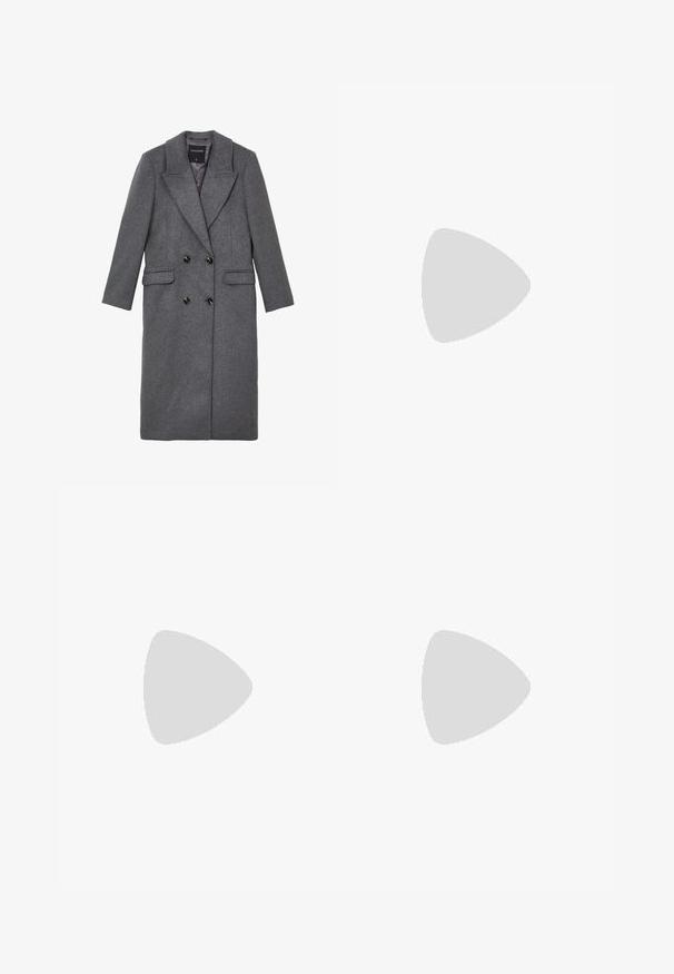 Calliope DOPPIOPETTO  - Cappotto classico - gris; Top nero a maniche corte realizzato in tessuto elastico, con un design aderente e dettagli arricciati sui lati. Texture liscia, forma classica.; Pantaloni culotte neri in poliestere con una cintura elastica, due pieghe frontali e una silhouette ampia. Nessun motivo visibile o dettagli in metallo.; Bershka Sandali con tacco - black