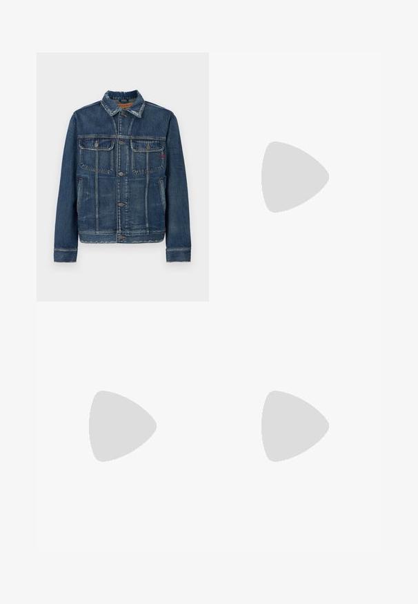 Denim jacket in dark blue with a classic design. Features two chest pockets, button closure, and subtle fading. Traditional collar and cuffs.; DRYKORN EZRAEL - Top - black; Black leather pants with a straight-leg design, featuring two front zip pockets and large side pockets for added storage.; Lacoste sneakers in dark gray with mesh and synthetic material, featuring a textured sole and brown accents on the collar and branding.