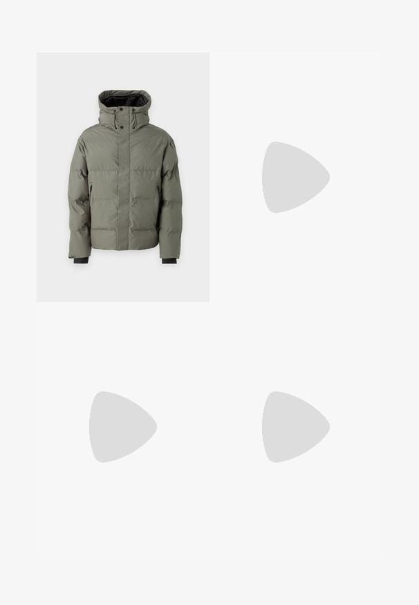 Puffer jacket in olive green, featuring a high collar, zippered side pockets, and elastic cuffs. Smooth texture and padded design.; Two short-sleeve shirts: one solid black, one white with black vertical stripes. Both feature button closures and a classic collar.; Black denim pants featuring a straight-leg cut, five-pocket design, and a front button closure. Smooth texture with minimal stitching details.; Black sneakers with a smooth texture, low-top design, round toe, flat black laces, and a rubber sole. Minimalistic style with no visible logos.