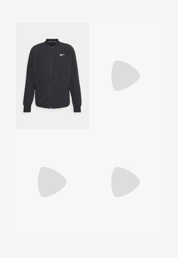 Sort Nike jakke med lynlås foran, ribbede manchetter og rund krave. Har et hvidt Nike-logo på venstre bryst og en glat stofstruktur.; Sort kortærmet t-shirt lavet af mesh-stof, med hvid kant på kraven og ærmerne, og et lille gult og rødt logo på brystet.; Sorte atletiske shorts lavet af letvægtsstof, med elastisk talje og et lille hvidt Nike-logo nederst til venstre.; Sort og hvide atletiske sneakers med en tekstureret overdel, forstærket hæl og fremtrædende swoosh-logo. Flad sål med mønstret greb.