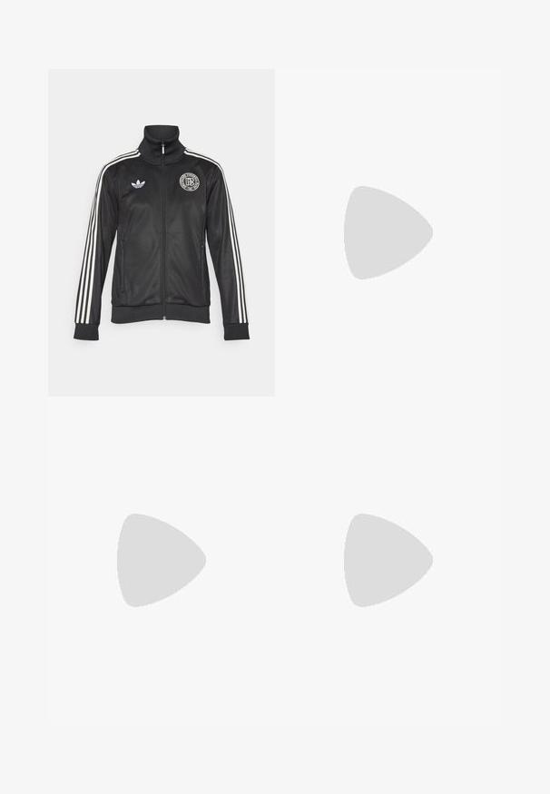 Black athletic jacket with white stripes on sleeves, high collar, zip front, and round logo on chest; made of smooth, shiny material.; White short-sleeve t-shirt featuring black side accents and three black stripes on shoulders. Includes small black logo on chest.; White athletic pants with a smooth texture, featuring black curved designs on the sides and a black logo near the waistband.; White and black sneakers with red accents, featuring a suede and leather upper, three black stripes, flat laces, and a textured rubber sole.