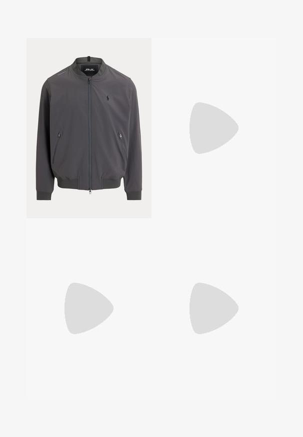 Men's bomber jacket, dark gray, lightweight fabric, front zipper, two zippered side pockets, ribbed cuffs and hem, small logo on chest.; Black long-sleeve t-shirt made of cotton. Features a crew neck, ribbed cuffs, and a small red embroidered logo on the chest. Smooth texture.; Black casual trousers with elastic waistband, drawstring tie, front button, and side pockets, displayed on a plain background.; Black athletic sneaker featuring a mesh upper with perforations, a textured midsole in cream, and a rubber outsole for traction.