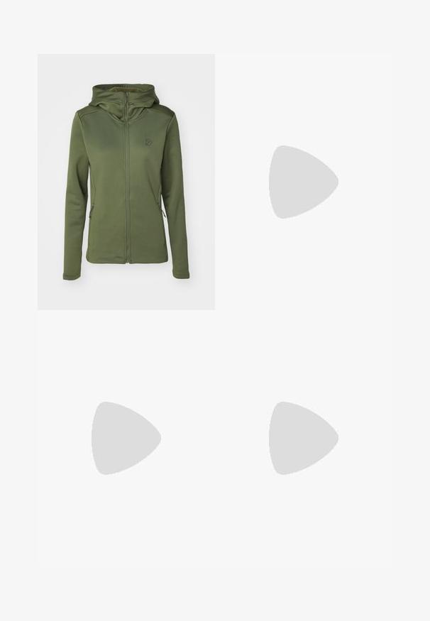 Didriksons ANNELI FULLZIP - Giacca sportiva - wild forest green; T-shirt bianco cropped in cotone con scollo rotondo e maniche corte. Presenta un logo nero sul lato sinistro del petto.; Pantaloni elasticizzati grigi con una vestibilità slim, dotati di due tasche laterali con zip e chiusura con bottone. Texture liscia e gamba affusolata.; Scarpa atletica beige e crema con tomaia in mesh testurizzato, sovrapposizioni supportive e suola in gomma con un motivo a tasselli per la trazione.