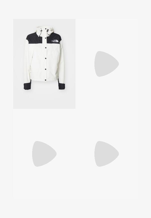White jacket with a black upper section and shoulders, featuring a hood, snap buttons, and black cuffs. The North Face logo is on the chest.; Two cotton crop tops in white and black. Each has a deep neckline and thin shoulder straps, featuring a smooth, soft texture.; White midi skirt made of lightweight fabric, featuring a high, gathered waistband and a voluminous, flowy silhouette with subtle texture.; Red leather ballet flat with a square toe and a wrapped ankle tie detail. Smooth texture and a small black heel.; Oversized black sunglasses with a thick frame and gold accent, worn with a black blazer and bright green shirt, against a horizontal backdrop.