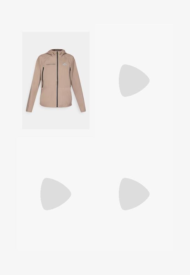 Veste beige légère avec une capuche ajustée, fermeture éclair à l'avant et poches, et un accent logo discret. Tissu lisse avec des détails texturés.; Débardeur de course sans manches noir, fabriqué dans un matériau léger, avec un col rond ; présente un logo discret et des fentes sur les côtés pour une meilleure respirabilité.; Leggings noirs coupés en tissu extensible, avec une taille haute et une texture lisse, sans motifs ni éléments visibles.; Baskets de course noir Nike avec tige respirante en mesh, logo swoosh blanc, détails texturés et semelle intermédiaire ZoomX de couleur crème.