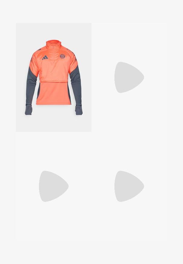 Pullover atlético laranja e cinza escuro com meia abertura, mangas longas, logótipo e design ajustado na cintura. Apresenta um tecido texturizado.; T-shirt preta de mangas curtas com um design de três riscas brancas nos ombros e logótipo no peito. Feita de um tecido respirável, de textura suave.; Calças atléticas pretas com um cós elástico, design afunilado, bolsos laterais e detalhe discreto do logótipo. Feitas de um tecido flexível e respirável.; Shoe de atletismo preto com parte superior em malha respirável, detalhes brancos e sola almofadada. Apresenta o logotipo das três riscas na lateral.