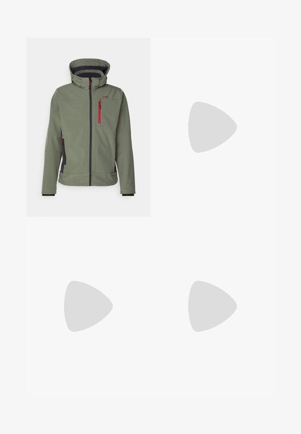 CMP - Kurtka Softshell; Czarny t-shirt z krótkim rękawem, wykonany z lekkiego materiału. Posiada małe białe logo na lewej piersi oraz subtelne akcenty na ramionach.; The North Face HORIZON czarny; Szare buty biegowe z gładką, oddychającą cholewką, wzmocnionym czubkiem i fakturowaną gumową podeszwą. Charakteryzują się wyraźnym czerwonym akcentem po boku.
