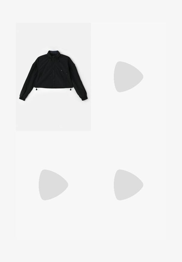 Black cropped jacket with a high collar, zip front, and elastic cuffs. Features drawstrings at the hem and side pockets with zip closures.; Black sports bra with wide straps, a V-neck design, textured fabric, and logo detail at the hem. Smooth finish, minimalist style.; Black leggings made from stretchy fabric with a high, ribbed waistband. Features side pockets and seamless design for comfort.; Nike P-6000 sneakers with a light grey mesh upper, black accents, and a durable black rubber sole. Features intricate design and lacing system.