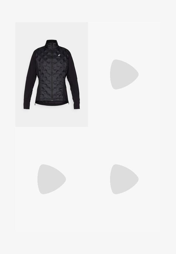 Black jacket with a puffy, textured front and smooth sleeves. Features a high collar and zip closure, designed for warmth and flexibility.; Black athletic tank top made of lightweight fabric. Features a round neckline, racerback design, and a small white logo on the front.; Black athletic shorts with a wide waistband, pleated design, and a small white logo accent on the lower left side. Soft, lightweight material.; Bright pink athletic shoe with synthetic upper, rubber sole, padded collar, mesh texture, and black logo accents along the side.