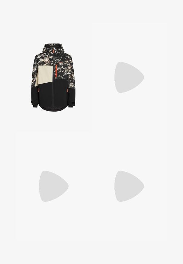 Slidinėjimo striukė su juodu pagrindu ir kamufliažo raštu baltais, ruda ir raudonomis akcentais; turi gobtuvą, užtrauktuką ir reguliuojamus rankogalius.; Trys balti, dryžuoti marškiniai be rankovių, pagaminti iš medvilnės. Yra apvalus kaklas ir maži juodi etiketės netoli siūlės. Siūlomi įvairių dydžių.; Pilkos Nike kelnės su raišteliu liemenyje, siaurėjančiomis kojomis, šoninėmis kišenėmis ir išskirtiniais siūlų detalėmis. Minkšta, tekstūruota medžiaga.; Pilkas sportinis batas su tinklu ir zomšos viršutine dalimi, baltomis detalėmis, paminkštintu padu ir išskirtiniu dizainu su atspindinčiais elementais.