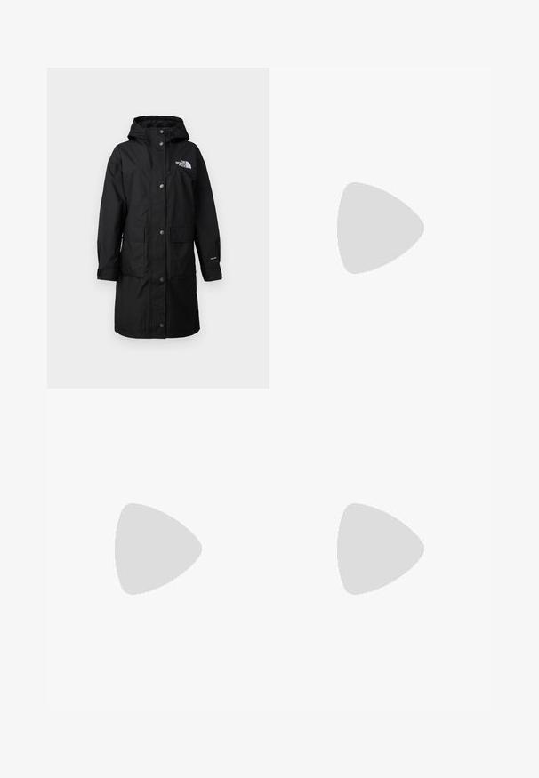 Veste de pluie noire, longue, avec capuche, deux poches avant, boutons-pression et logo sur la poitrine ; fabriquée en matériau résistant aux intempéries.; T-shirt noir à manches longues en coton avec un col rond. Présente un petit logo blanc sur la partie gauche de la poitrine. Design et coupe simples.; Pantalons cargo en nylon noir, à zip amovible, avec chevilles ajustables, plusieurs poches et un logo sur la jambe droite. Texture lisse et légère.; Baskets de sport beiges et crème avec une tige en mesh texturé, des superpositions de soutien et une semelle en caoutchouc dotée d'un motif de crampons pour une traction.