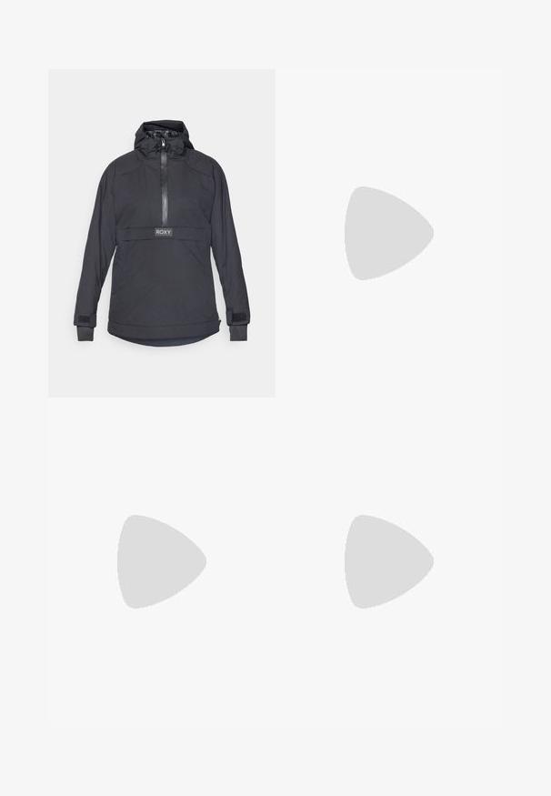 Black quilted pullover jacket with a high neck, zip closure, and adjustable drawstring hood. Features Roxy logo and Velcro cuffs.; White cotton t-shirt with a relaxed fit, short sleeves, and a small embroidered logo on the left chest area.; Black wide-leg jeans made of denim, featuring contrasting white stitching and a front button closure, with two angled front pockets.; Light-colored sneakers with suede and mesh upper, featuring three side stripes, flat laces, and a translucent green rubber sole.