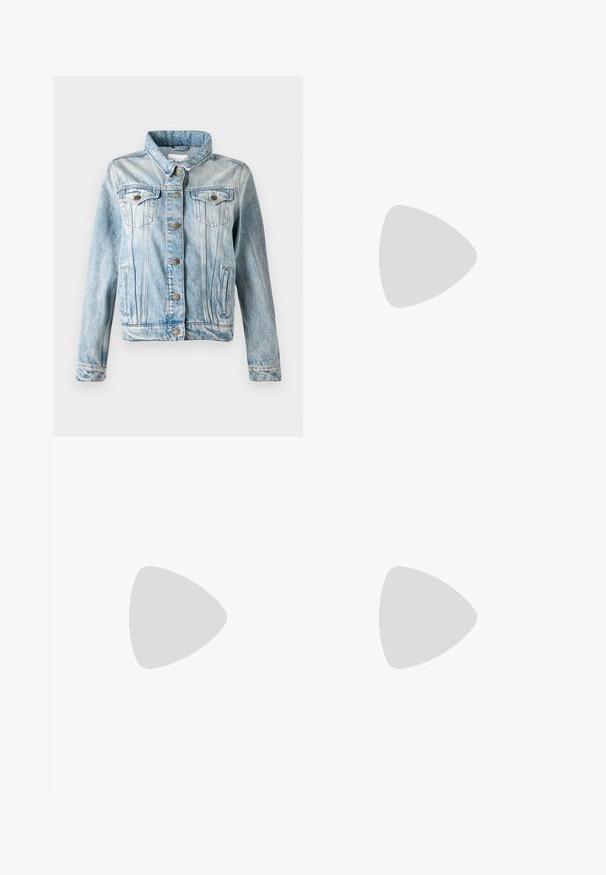Light blue denim jacket with a collar, button front, two chest pockets, and side pockets. Features a faded finish and contrasting stitching.; White sleeveless tank top made of ribbed fabric, featuring a rounded neckline and a fitted silhouette, with minimal seams and no embellishments.; Light blue, high-waisted straight-leg jeans with a button fly and front pockets, displayed against a white background.; Black suede and leather sneaker with a cream side swoosh and light cream heel. Features beige laces and a gum rubber outsole.