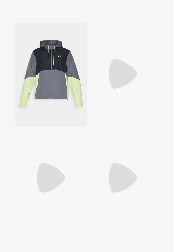 Under Armour LEGACY  - Neperpučiamoji striukė - castlerock/morph green; Balta trumpa rankovėmis sportinė marškinėliai, pagaminti iš lygaus audinio. Yra apvalus kaklas ir pilkas logotipas kairėje krūtinės pusėje, o apatinėje dalyje yra šoninės plyšiai.; Pilki sportiniai šortai su lygiu, lengvu audiniu ir elastiniu juosmeniu, su vidiniais kompresiniais šortais ir šoninėmis kišenėmis.; Baltas sportinis batelis su tekstūruota trikotažo viršutine dalimi, su raišteliais, paminkštintu padu ir išskirtiniu ženklas šone.
