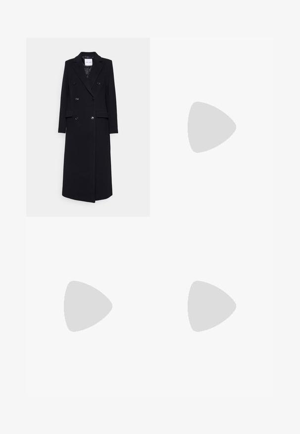 Samsøe Samsøe Classic coat - black; Black cropped sweater made of fluffy material. Features a round neckline and long sleeves with a soft texture. Minimal design, no patterns.; Black tailored trousers with a straight leg design, featuring belt loops and a smooth texture, made from lightweight fabric.; Black leather high heel shoe with a pointed toe and a thin heel, featuring a smooth texture and a sleek design.