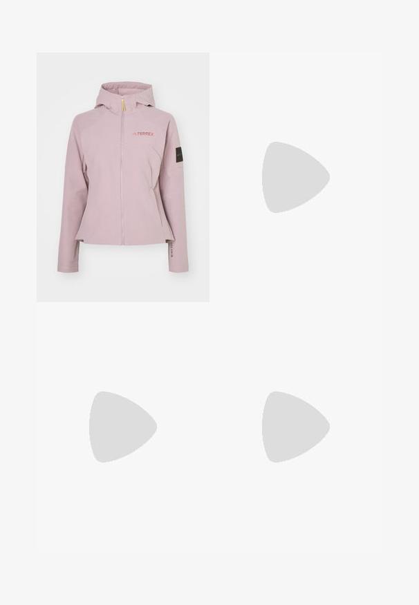 Adidas Terrex NATIONAL GEOGRAPHIC WOMEN SOFTSHELL JACKET - Casaco softshell - preloved fig; adidas Performance T-shirt desportiva - earth strata/white; Calças pretas, leves e à prova d'água, com cintura elástica, bolsos laterais e punhos ajustáveis. Apresenta um logótipo branco na coxa esquerda.; Shoe atlético preto com riscas brancas, parte superior em malha, sola acolchoada e um design elegante. Detalhes em cinza no calcanhar e na lingueta.