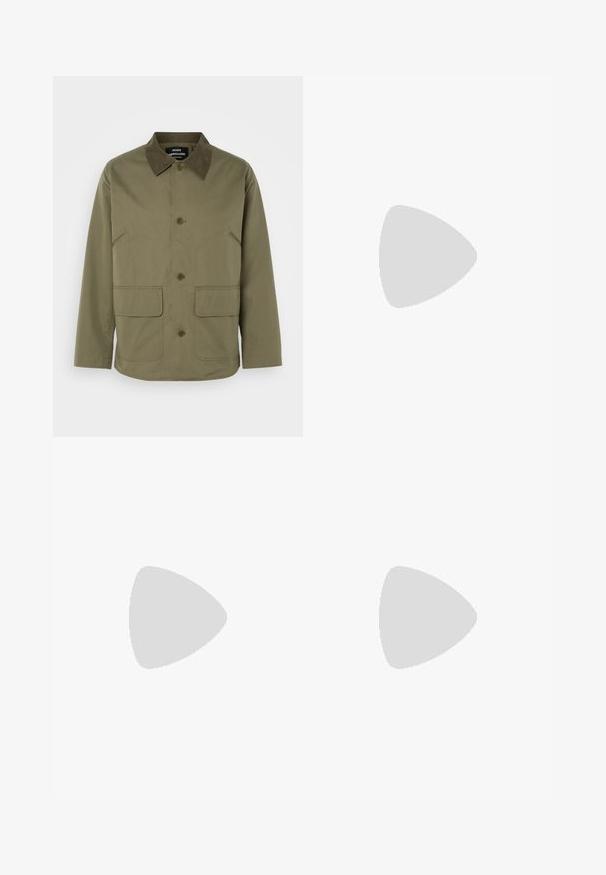 Olive green jacket with a brown suede collar, featuring two front patch pockets and a button-up front, made from a durable fabric.; Black T-shirt made of cotton, featuring a round neck, short sleeves, and a chest pocket with a silver zipper detail. Small logo on pocket.; Black wide-leg trousers with a flat front, two side pockets, pleated design, and a contrasting red interior waistband.; Black leather sneaker with textured upper, padded collar, and red logo detail. Features a thick rubber sole with distinct tread pattern.