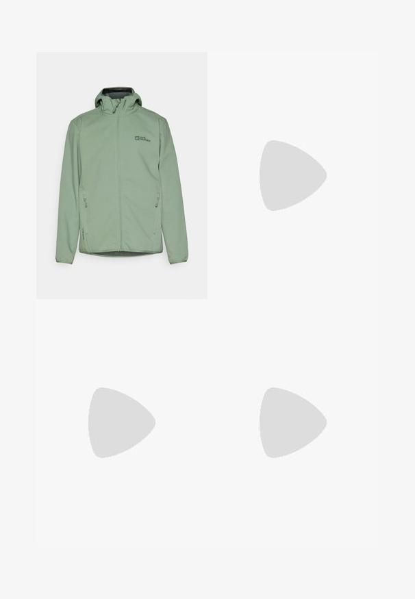 Lys grønn zip-up jakke med hette, laget av myk stoff. Har to sidelommer og en liten logo på brystet.; Svart kortermet t-skjorte laget av bomull, med rund hals og en liten hvit logo på øvre venstre brystområde.; Sorte idrettsbukser laget av lett stoff, med snor i livet, sidelommer og smale mansjetter ved anklene.; Svart terrengløpesko med teksturert overdel, gummisåle og forsterket tåhette. Har polstret krage og løftestropp for enkel påkledning.