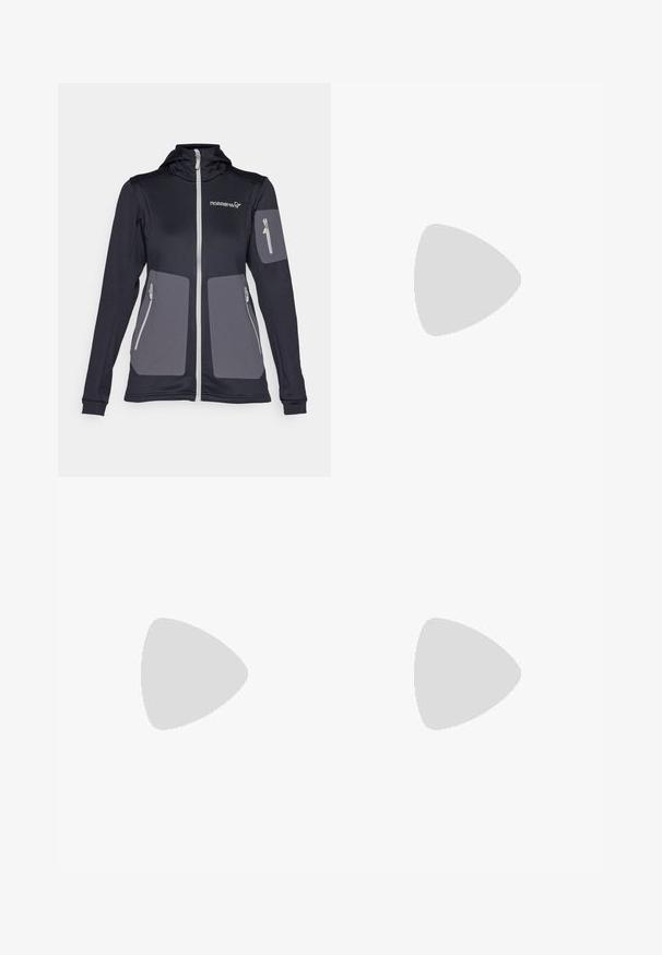 Mustast tõmblukk-jakist, millel on kapuuts, hallid paneelid, kaks küljetaskut ja väike tõmblukk-tasku aastal. Valmistatud venivast materjalist.; Hall juppuvarrega, pehmeast, niiskust eemaletõukavast kangast lühikeste varrukatega hall T-särk. Omab ümarat kaelust ning väikest valget logo vasakul ülal.; Mustad, hästi istuvad püksid, mis on valmistatud paindlikust materjalist. Omadusteks on lukuga küljetasku, artikeeritud põlved ja sile pind.; Mustarjaline matkasaabas, millel on keskmine disain, tekstuuriga ülemine osa, hallid aktsendid ja vastupidav kummist põhi, millel on haardelugesid.