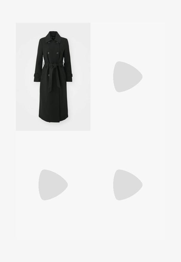 ONLY ONLLUCIE LIFE  - Manteau classique - black; Robe en denim noir avec un décolleté en V, sans manches et bords bruts. Présente une silhouette droite avec une texture décolorée et des coutures visibles.; Botte en cuir brun foncé, à hauteur de genou, avec un bout pointu, un talon bloc angulaire et une texture lisse et brillante. Présente un design épuré et des détails de couture.; Petit sac à bandoulière en cuir bordeaux avec une longue sangle et un détail de boucle à l'avant sur un fond uni.