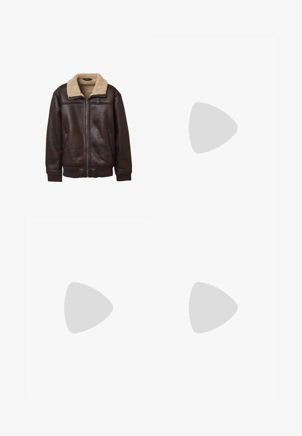 Dunkelbraune Lederjacke mit einem hellbraunen, fellartigen Kragen, Reißverschluss und elastischen Bündchen. Verfügt über Seitentaschen und Knopfdetails.; Weißer Sweatshirt, Rundhalsausschnitt, lange Ärmel, lockere Passform. Weicher Stoff mit gerippten Bündchen und Saum. Minimalistisches Design, keine sichtbaren Logos oder Muster.; Schwarze Hose mit lockerem Schnitt, mit Falten an der Vorderseite, Seitentaschen und einem Knopfverschluss. Hergestellt aus strukturiertem Stoff.; Weiße Leder-Sneaker im Low-Top-Stil mit runder Zehenform, flacher weißer Gummisohle und minimalistischen Steppnähten. Schnürsenkel sind durch sechs Ösen gesichert.