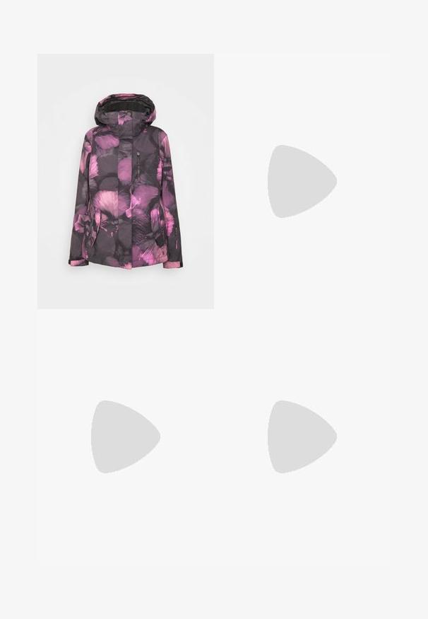 Veste à motif floral gris foncé, avec des nuances de violet. Comprend une capuche, une fermeture éclair sur le devant et deux poches latérales. Matériau texturé et léger.; T-shirt noir à manches longues en coton avec un col rond. Présente un petit logo blanc sur la partie gauche de la poitrine. Design et coupe simples.; Pantalons noirs ajustés en matériau flexible. Les caractéristiques comprennent une poche latérale zippée, des genoux articulés et une texture lisse.; Baskets de sport beiges et crème avec une tige en mesh texturé, des superpositions de soutien et une semelle en caoutchouc dotée d'un motif de crampons pour une traction.