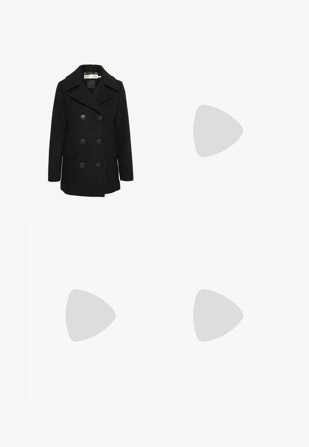 Cappotto nero doppiopetto con ampi rever, realizzato in lana. Presenta sei bottoni frontali e due tasche laterali. Texture liscia, vestibilità sartoriale.; T-shirt bianco realizzato in un tessuto morbido e leggero. Presenta un collo rotondo e maniche corte e larghe con vestibilità morbida. Nessun motivo visibile.; Jeans bordeaux a vita alta con design a gamba dritta, dotati di tasche frontali, chiusura con bottone e rifiniture in tono rame.; Sneakers crema e lavanda con tre strisce e suola marrone texturizzata, dotati di lacci e tallone imbottito. Parte superiore in tessuto morbido.