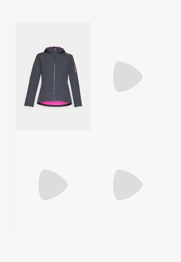 Veste à capuche avec un extérieur gris foncé et un intérieur rose. Comprend une fermeture éclair à l'avant, des poches latérales et une poche à fermeture éclair sur la manche.; T-shirt gris à manches courtes fabriqué en tissu doux et évacuant l'humidité. Il présente un col rond et un petit logo blanc en haut à gauche.; Pantalons noirs ajustés en matériau flexible. Les caractéristiques comprennent une poche latérale zippée, des genoux articulés et une texture lisse.; Botte de randonnée noire au design mi-haut, avec un dessus texturé, des accents gris et une semelle en caoutchouc durable avec des crampons de traction.