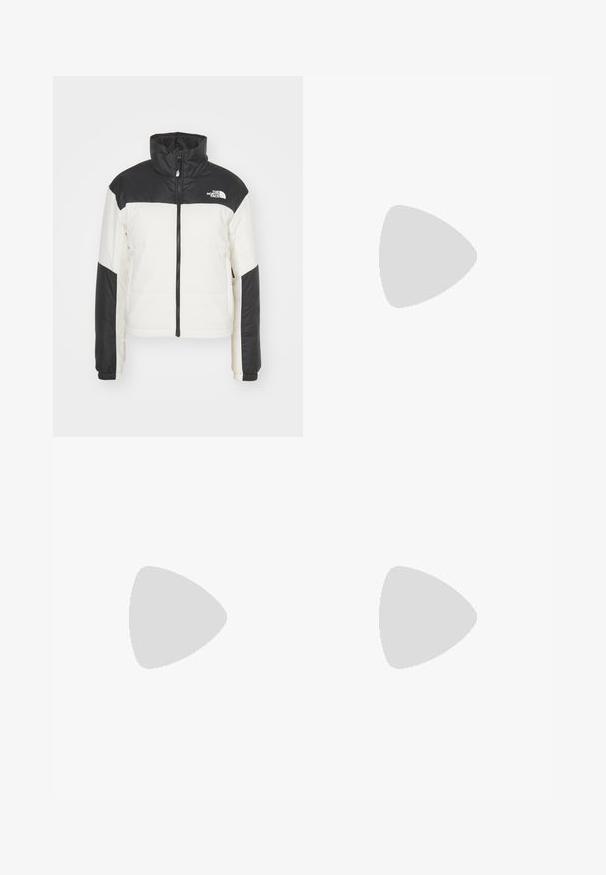 The North Face GOSEI PUFFER - Giacca da mezza stagione - white dune; The North Face SHADOW SHORT SLEEVE  - T-Shirt sport - white dune; Pantaloni neri da esterno realizzati in tessuto durevole. Presentano tasche con zip, pannelli rinforzati sulle ginocchia e un design a taglio dritto per la massima mobilità.; Scarpa da ginnastica nera con tomaia testurizzata, con accenti grigi e un sottopiede bianco. Include una linguetta sul retro e un logo del marchio ben visibile sul tallone.