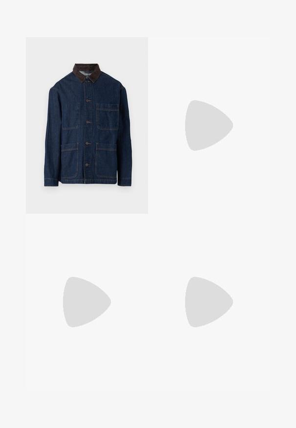 Denim jacket in dark blue with a brown corduroy collar, featuring front button closure and four pockets. Reinforced stitching visible.; Two polo shirts: one navy blue and one white, both with a small red, white, and blue accent on the chest pocket and collar.; Dark blue denim jeans with a slim fit, subtle fade, five pockets, and a metal button closure. Stitched accents in contrasting color.; White athletic shoes made of synthetic material. Features smooth texture, rounded toe, lace-up design, and striped accents on the sides.