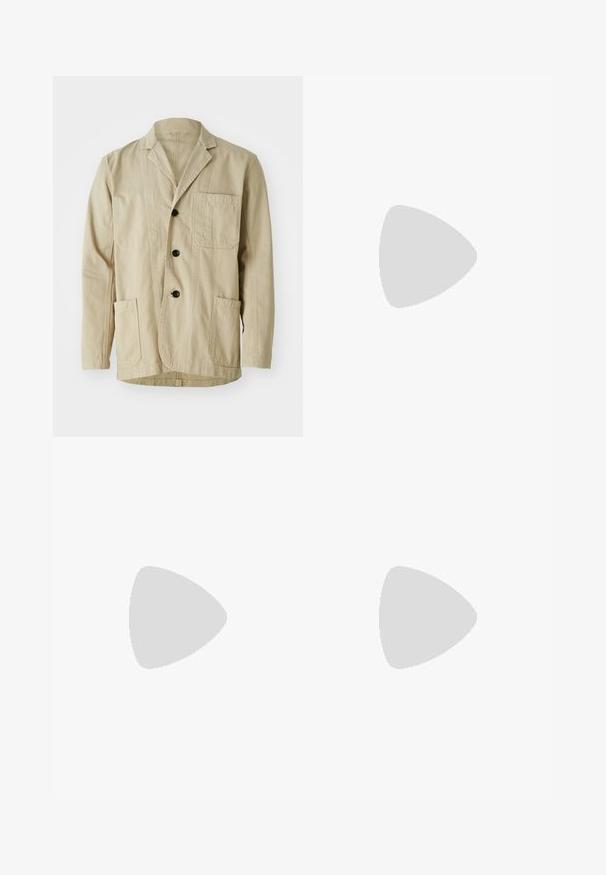 Beige cotton jacket with a notched collar, three buttons, three pockets, and a straight hem. Textured fabric with a minimalist design.; Short-sleeve polo shirt in light white ribbed fabric, featuring a classic collar and a straight hem. Minimalist design with no embellishments.; Beige wide-leg pants with an elastic waistband, made of soft fabric, and featuring a smooth texture and minimal stitching details.; White and black athletic shoes with a textured sole, featuring cut-out designs on the sides and laces, and a cushioned back for support.