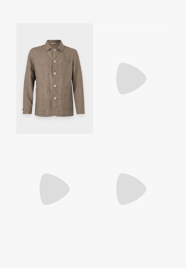 Brown linen jacket with a collared neckline, five front buttons, two patch pockets, and a tailored fit. Soft texture and classic design.; White long-sleeve button-up shirt made from cotton, featuring a classic collar, front buttons, and minimal stitching detail.; Navy blue trousers made from a textured fabric, featuring straight legs, a flat front, and two side pockets. No visible patterns or accents.; Black leather dress shoe with dual buckles, sleek silhouette, and round toe. Features a low heel and smooth texture.